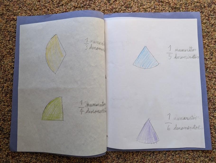 A child's fraction book showing colored fraction shapes labeled with numerators and denominators: 1/4, 1/3, 1/6, 1/5