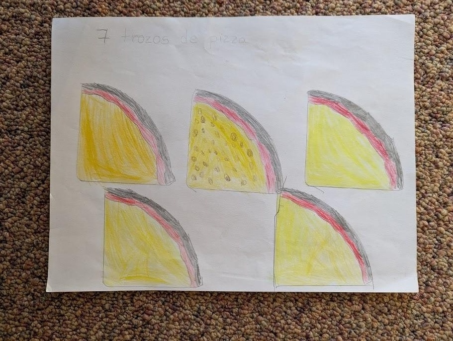 A child's drawing of pizza slices labeled '7 trozos de pizza'
