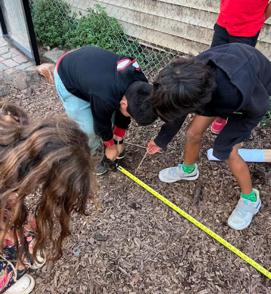 Children measuring the ground to plan the tule house structure